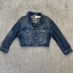bebe Cropped Denim Jacket Blue Wash Distressed Button Front Made in USA Womens L
